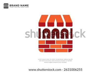 Construction Tool Shop Logo. Modern brick building logo with integrated construction tools, representing a hardware store, home improvement business, or reliable construction company. Editable vector.