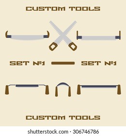 Construction tool silhouette icon set. Two handed and trump saw. Hand saw. Panel saw. Scraper. Spokeshave. Design template vector illustration.