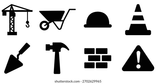 Conjunto de siluetas de herramientas de construcción, paquete de iconos de equipos de construcción, herramienta de trabajo y colección de seguridad