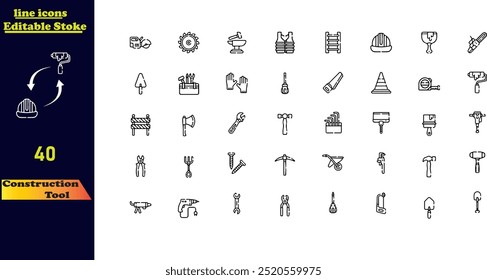 Construction tool stroke icon collection featuring icons for construction, renovation, architecture, engineering, building, blueprints, and home repair tools. Outline icon set.