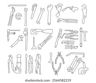 Construction Tool Stroke Icon Collection Featuring Icons for Various Vector Tools Construction and Wrench Tool Silhouette. Builders Constructors with Tools and Equipment. Vector and Engineering