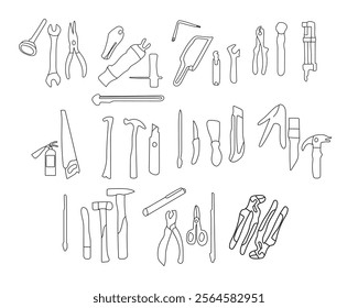 Construction Tool Stroke Icon Collection Featuring Materials for Various Vector Tools Construction and Wrench Tool Vector renovation, architecture, engineering.