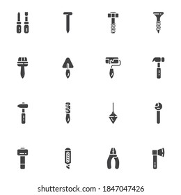 Construction tool vector icons set, modern solid symbol collection, filled style pictogram pack. Signs, logo illustration. Set includes icons as screwdriver, screw, hummer, spanner, paint brush, knife
