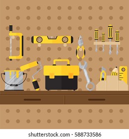 Construction Tool In Workshop On Pegboard. Do It Yourself Tools For Construction And Repair Home. Flat Illustration For Web Design. Vector Banner For Website. Roller, Toolbox, Hacksaw, Screwdriver.