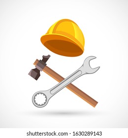 Construction tool wrench, hammer and helmet or hard hat. Isolated on a white background. Vector icon
