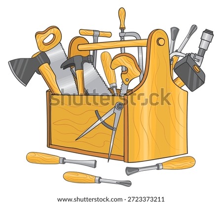 Construction toolbox color drawing. Carpenter toolkit sketch