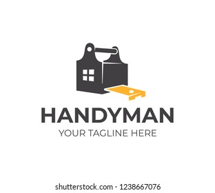 Construction, toolbox, pocket measure measuring tape and home with window, logo design. Handyman, building, carpentry and build, vector design and illustration