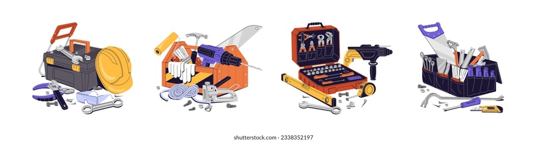 Construction toolkit set. Engineer's tools for builder: drill, helmet, saw, pry bar. Toolbox with different instruments for repair, renovation. Flat isolated vector illustration on white background