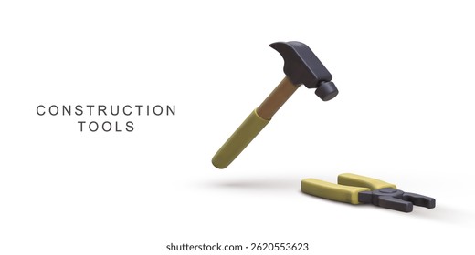 Construction Tools With 3D Cartoon Hammer And Pliers For Building, Repair, And DIY Projects, Perfect For Home Improvement, Maintenance, And Handyman Concepts, Vector Illustration.