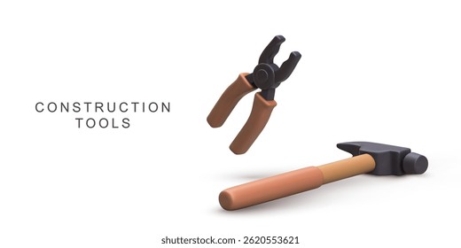 Construction Tools With 3D Hammer And Pliers For Building, Repair, DIY, Maintenance, Home Improvement, Engineering, And Craftsmanship Concepts, Perfect For Projects, Vector Illustration.