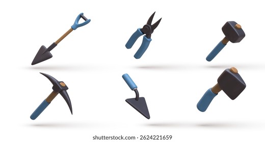 Construction Tools 3D Icons, Shovel, Hammer, Pickaxe, Pliers, Trowel, Heavy Duty Equipment For Building, Repair, Mining, DIY Projects, Isolated On White Background, Vector Illustration.