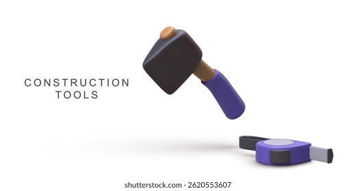 Construction Tools With 3D Rubber Mallet And Measuring Tape For Building, Repair, DIY, Carpentry, And Maintenance Projects, Clean Modern Style, Vector Illustration.
