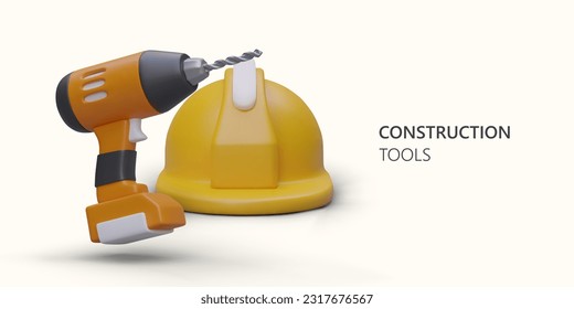 Construction tools. 3D safety helmet and electric drill. All for work and protection of employee. Equipment for masters of different levels. Bright illustration on light background