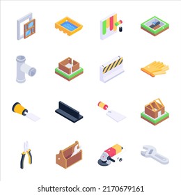 Construction Tools and Accessories Isometric Icons

