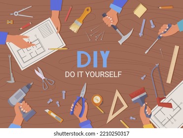 construction tools. background with hands holding repair carpentry tools. Vector cartoon background