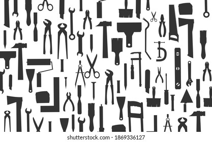 Construction tools. Background. For work as a painter, carpenter, builder, handyman. Repair and construction services. Sale of tools. Monochrome silhouette.