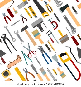 Construction tools. Background. For work as a painter, carpenter, builder, handyman. Repair and construction services. Sale of tools. Hammer, pliers, saw, scissors, brushes.