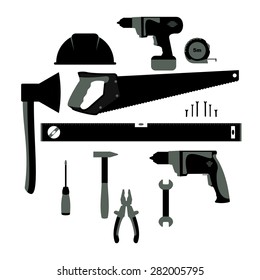 construction tools in the black and white style equipment in a circular concept vector illustration