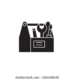 Construction tools box black vector concept icon. Construction tools box flat illustration, sign