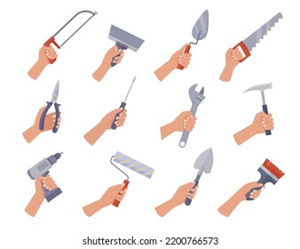 construction tools. builders holding in hands saw hammer screwdriver brush knife. Vector concept pictures for repair projects