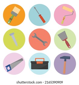 Bauwerkzeuge. Handwerkzeuge, Bauwerke, Hammer, Schraubendreher, Säge, Helm, Rollen, Bürsten, Werkzeugkasten, Set im Stilstil