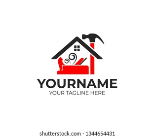 Construction and tools, carpenter or joiner plane, hammer and home, logo design. House building, real estate, repair and improvement, vector design and illustration