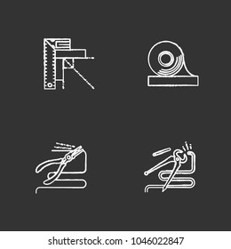 Construction tools chalk icons set. Set square, adhesive tape, round nose and carpenter's end pliers. Isolated vector chalkboard illustrations