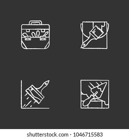 Construction tools chalk icons set. Tool bag, paint bucket with brush, big glue brush, brick wall with triangular shovel. Isolated vector chalkboard illustrations