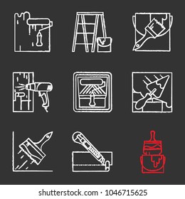 Construction tools chalk icons set. Paint roller, scaffolding ladder, bucket with brush, hot air gun, putty knife, glue brush, stationery knife, dyeing. Isolated vector chalkboard illustrations