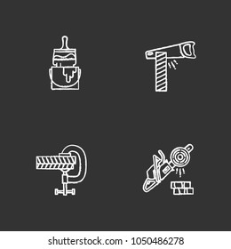 Construction tools chalk icons set. Big glue brush and bucket, hand saw, screw clamp, chainsaw. Isolated vector chalkboard illustrations