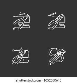 Construction tools chalk icons set. Nippers, combination and pointed pliers cutting wire, jaw capacity. Isolated vector chalkboard illustrations