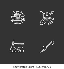 Construction tools chalk icons set. Mining. Safety helmet, mining emblem, pickaxe, crowbar in hand. Isolated vector chalkboard illustrations