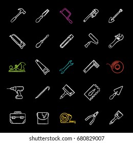 Construction tools chalk icons set. Renovation and repair instruments. Jack plane, paint brushes, spade, cordless drill, monkey wrench, chisel, crowbar, hammer. Isolated vector chalkboard illustration