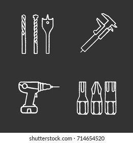 Construction tools chalk icons set. Screwdriver bits, slide gauge, power drill. Isolated vector chalkboard illustrations