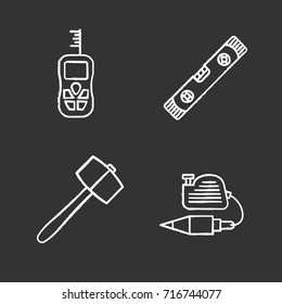 Construction tools chalk icons set. Digital tape measure, spirit level, plumb bob, lump hammer. Isolated vector chalkboard illustrations