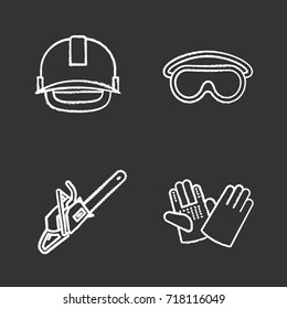 Construction tools chalk icons set. Industrial safety helmet, goggles, chainsaw, construction gloves. Isolated vector chalkboard illustrations