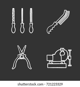 Construction tools chalk icons set. Metal files, wire brush, bench vice, construction scissors. Isolated vector chalkboard illustrations