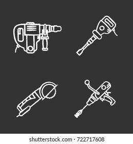 Construction tools chalk icons set. Angle grinder machine, perforator, paving breaker, hand held cement mixer. Isolated vector chalkboard illustrations