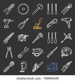 Construction tools chalk icons set. Renovation and repair instruments. Glass cutter, combination pliers, heat gun, wood chisel. Isolated vector chalkboard illustrations