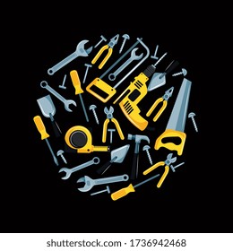 construction tools in circular shape. Hammer, saw, wrench, pliers, screw, screwdrivers. vector illustration