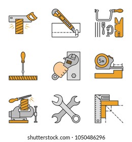 Construction tools color icons set. Tenon saw, stationery knife, jeweler saw set, screwdriver, wrench, meter, bench vice, crossed spanners, set square. Isolated vector illustrations