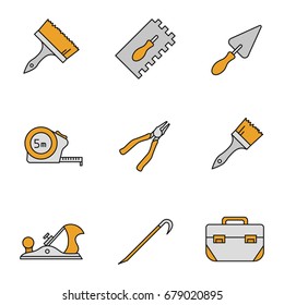 Construction tools color icons set. Paint brushes, rectangular notched trowel, triangular shovel, measuring tape, nippers, jack plane, crowbar, tool box. Isolated vector illustrations