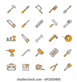 Construction tools color icons set. Renovation and repair instruments. Spanner, shovel, hammer, paint brush, measuring tape, chisel, crowbar. Isolated vector illustrations