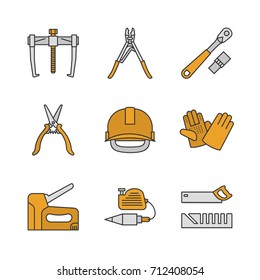 Construction tools color icons set. Bearing puller, crimping tool, ratchet, construction gloves and scissors, industrial safety helmet, stapler, plumb bob, mitre box. Isolated vector illustrations