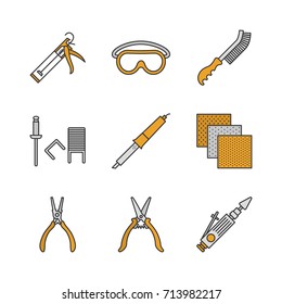 Construction tools color icons set. Caulking gun, goggles, wire brush, stapler pins, emery paper, construction scissors, air-operated valve grinder. Isolated vector illustrations
