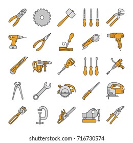 Construction tools color icons set. Renovation and repair instruments. Glass cutter, combination pliers, heat gun, wood chisel. Isolated vector illustrations