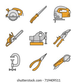 Construction tools color icons set. Circular and pad saws, electric jigsaw, tin snips, g-clamp, pointed pliers, angle grinder machine. Isolated vector illustrations