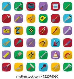 Construction tools color icons set. Vector industrial thirty six signs collection.