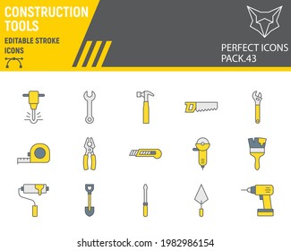 Construction tools color line icon set, tools collection, vector graphics, logo illustrations, repair tools vector icons, construction industry signs, filled outline pictograms, editable stroke