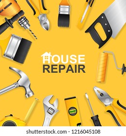 Construction tools concept set all of tools supplies for house repair builder on yellow background vector illustration